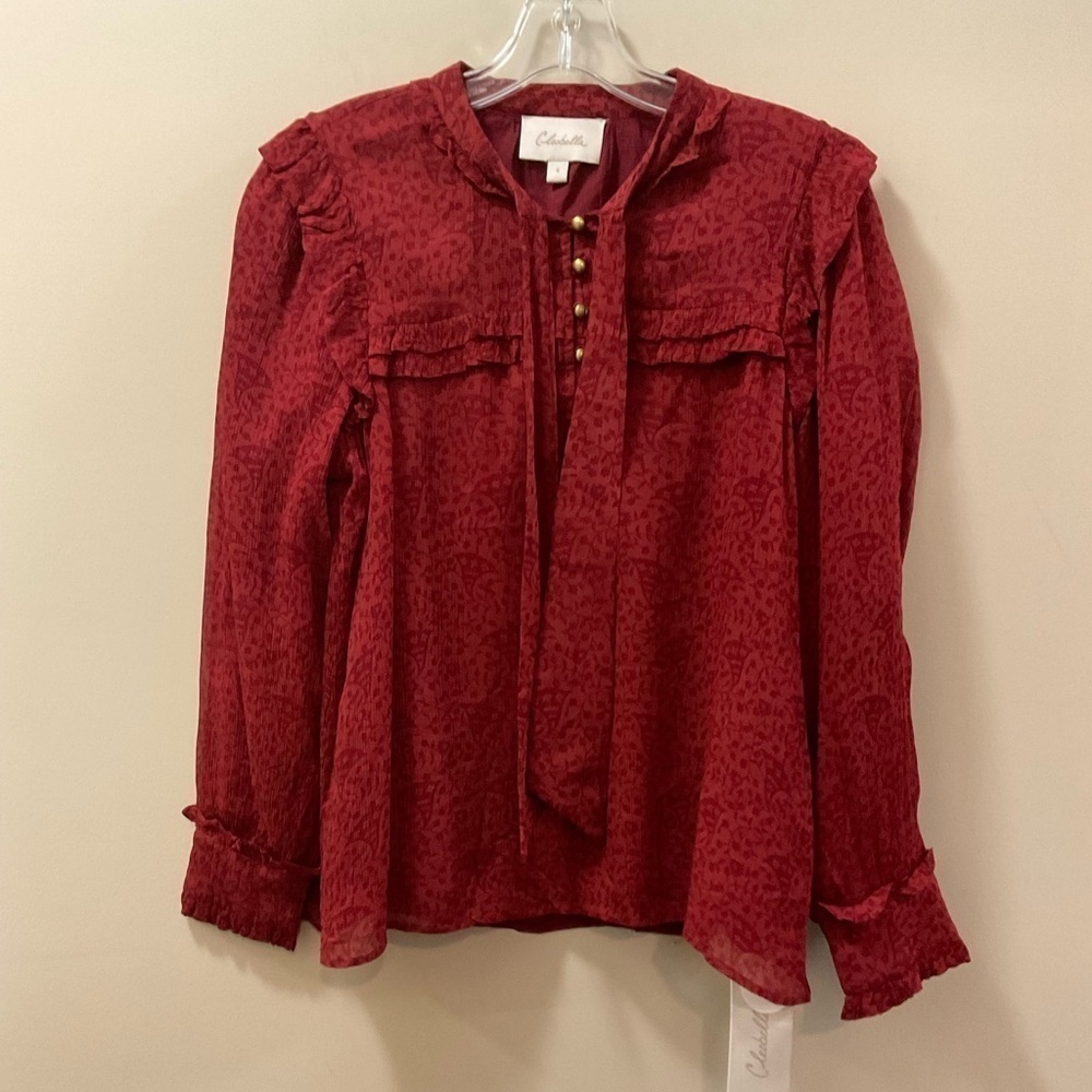 Cleobella Boho Burgundy Ruffle Trim Necktie Blouse Long Sleeve Size Small